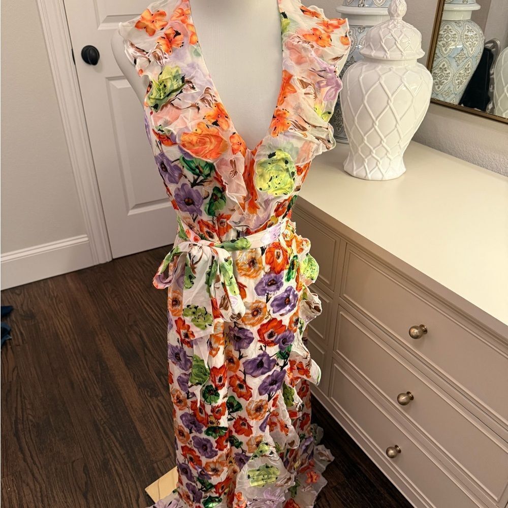 Alice + Olivia Floral Maxi Dress in White, Orange, Green, Purple - Picture 5 of 8